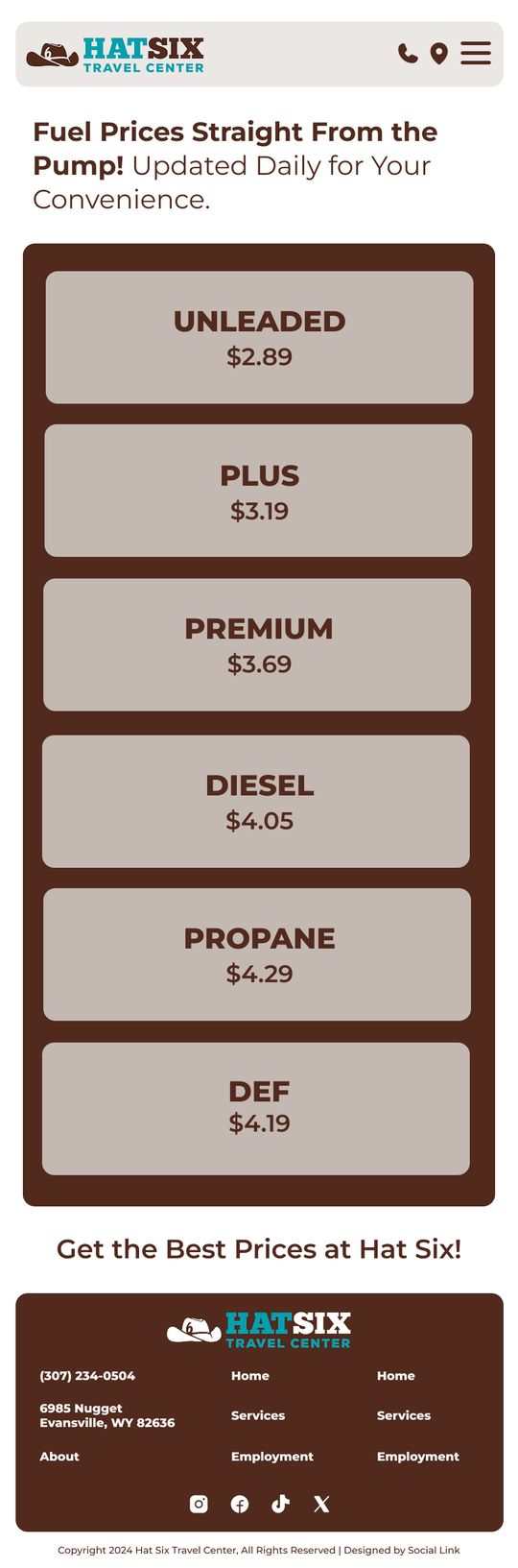 Hat Six Travel Center fuel prices page on a phone